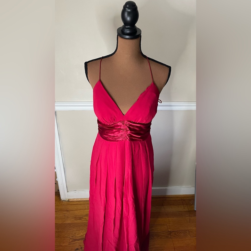 Red spaghetti strap formal gown